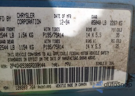 1995 Plymouth Voyager z USA, uszkodzony, nr VIN 2P4GH2538SR239144